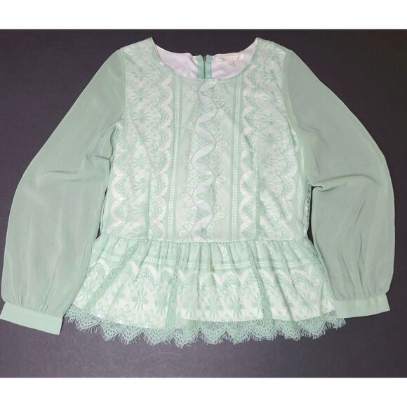 Sweet Rain Floral Lace Peplum Blouse Sheer Long Sleeves Soft Green Sz. L Fairy - Picture 4 of 9